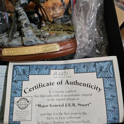Sale Photo Thumbnail #3: HIGHLY SOUGHT AFTER AND HARD TO.FIND

This collector statue and plate display from Bradford Exchange features the portrait of Major General J.E.B. Stewart, known for his role in the American Civil War. The plate showcases a beautiful gray color that compl