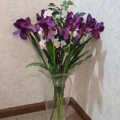 Large Glass Base with Faux Flower Arrangement