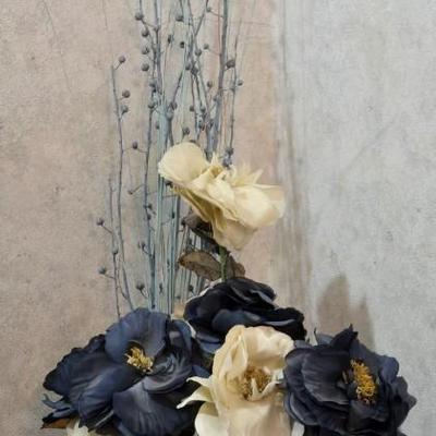 Large Glass Vase with Blue & Cream Faux Flowers