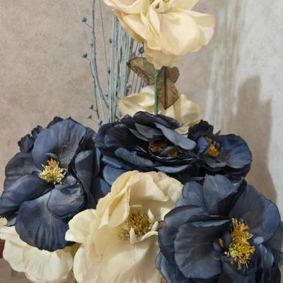 Large Glass Vase with Blue & Cream Faux Flowers