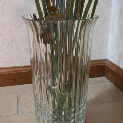 Large Glass Vase with Blue & Cream Faux Flowers