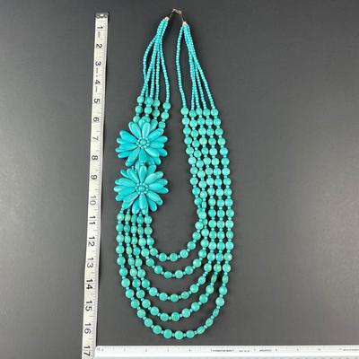 -31- ARTISAN | Blue Beaded With Flowers Long Necklace