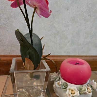 Porcelain Flower Candle Holder and Faux Flower in Glass Vase Decor
