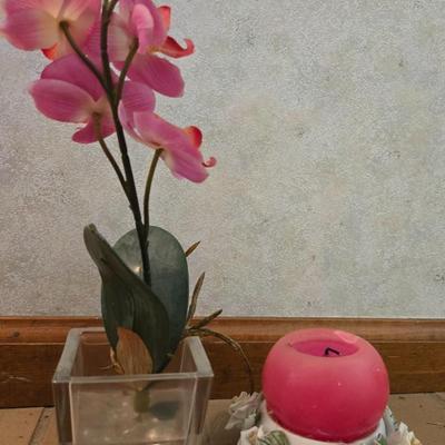 Porcelain Flower Candle Holder and Faux Flower in Glass Vase Decor