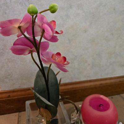 Porcelain Flower Candle Holder and Faux Flower in Glass Vase Decor