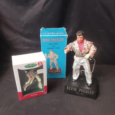 VINTAGE ELVIS SOLID STATE AM RADIO AND AN ORNAMENT