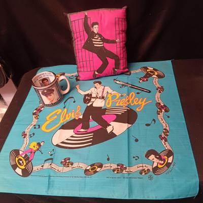 ELVIS HANDKERCHIEF, 2 SIDED SMALL PILLOW, COFFEE MUG AND PEN