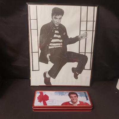 LARGE PICTURE OF ELVIS AND A TIN BOX