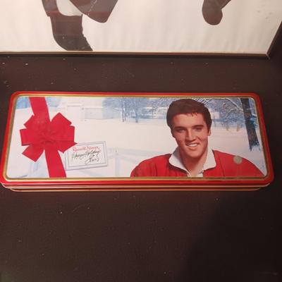 LARGE PICTURE OF ELVIS AND A TIN BOX