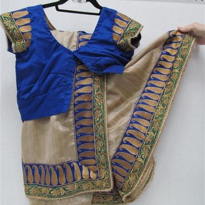 INDIAN SARI SAREE BLUE & GOLD WITH GREEN & GOLD TRIM BONUS TOP