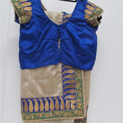 INDIAN SARI SAREE BLUE & GOLD WITH GREEN & GOLD TRIM BONUS TOP