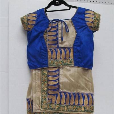 INDIAN SARI SAREE BLUE & GOLD WITH GREEN & GOLD TRIM BONUS TOP