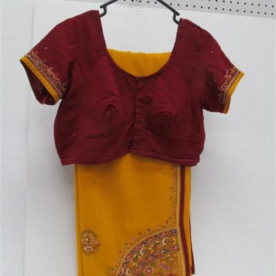 INDIAN SARI SAREE BURGUNDY & MUSTARD BEADED WITH SEQUINS BONUS TOP note small spot in photo
