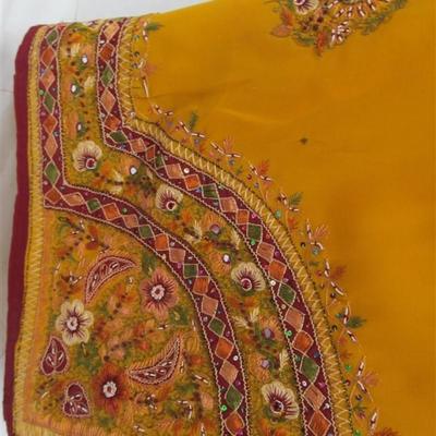 INDIAN SARI SAREE BURGUNDY & MUSTARD BEADED WITH SEQUINS BONUS TOP note small spot in photo