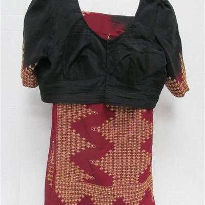 INDIAN SARI SAREE BLACK WITH BURGUNDY TRIM WITH BEADS & SEQUINS BONUS TOP