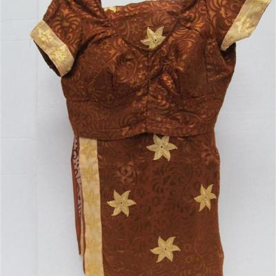 INDIAN SARI SAREE COOPER & GOLD WITH GOLD SEQUINED TRIM BONUS TOP