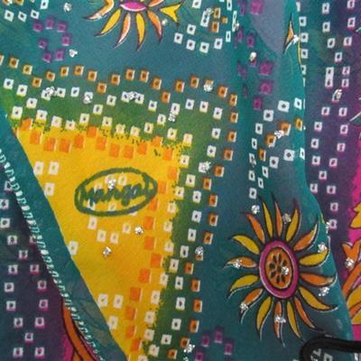 INDIAN SARI SAREE BRIGHT FUSCHIA & GREEN WITH FLORAL & RHINESTONE TRIM BONUS TOP