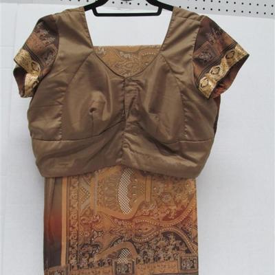 INDIAN SARI SAREE BROWN WITH COPPER TRIM BONUS TOP