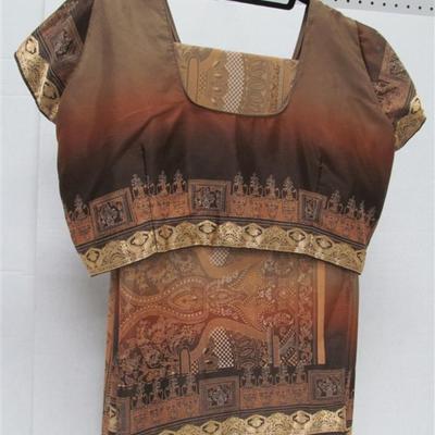 INDIAN SARI SAREE BROWN WITH COPPER TRIM BONUS TOP