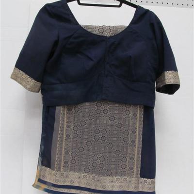 INDIAN SARI SAREE NAVY BLUE & ORANGE TIE DYE WITH TAUPE TRIM BONUS TOP