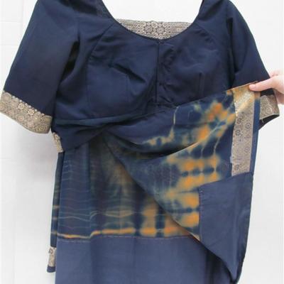 INDIAN SARI SAREE NAVY BLUE & ORANGE TIE DYE WITH TAUPE TRIM BONUS TOP