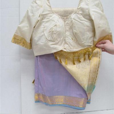 INDIAN SARI SAREE PURPLE & BEIGE WITH GOLD FRINGE BONUS TOP