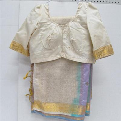 INDIAN SARI SAREE PURPLE & BEIGE WITH GOLD FRINGE BONUS TOP