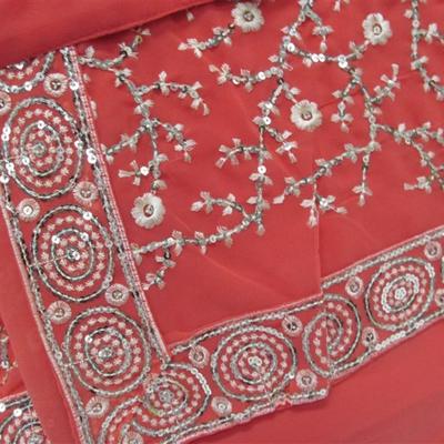 INDIAN SARI SAREE SALMON & SILVER SEQUINS WITH SILVER TRIM BONUS TOP