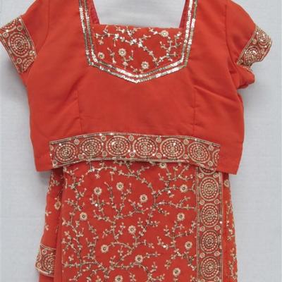 INDIAN SARI SAREE SALMON & SILVER SEQUINS WITH SILVER TRIM BONUS TOP