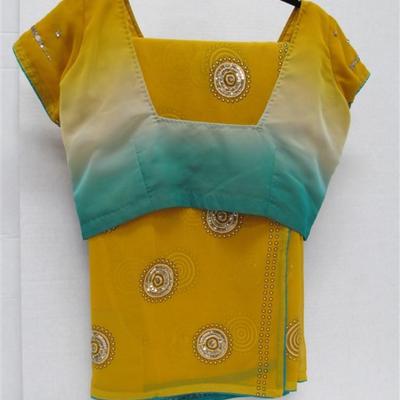 INDIAN SARI SAREE MUSTARD & TEAL BONUS TOP