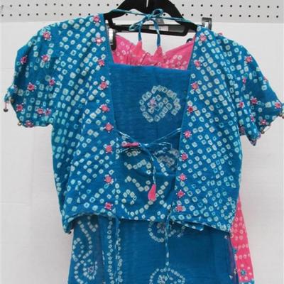 INDIAN SARI SAREE 3 PC BLUE PINK & WHITE WITH BELLS RHINESTONES & MIRRORS BONUS TOP