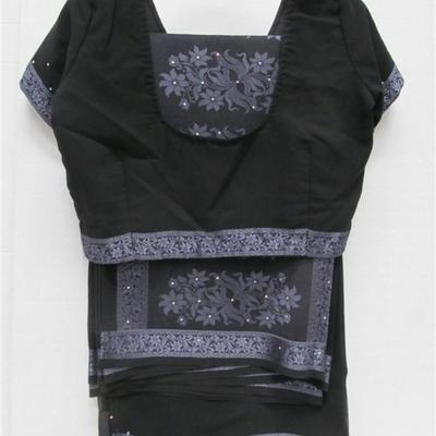 INDIAN SARI SAREE BLACK & VIOLET WITH RHINESTONES BONUS TOP
