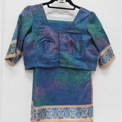 INDIAN SARI SAREE BLUE GREEN & PINK WITH BEIGE TRIM BONUS TOP