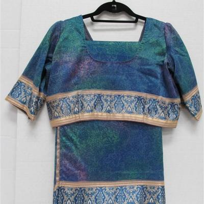INDIAN SARI SAREE BLUE GREEN & PINK WITH BEIGE TRIM BONUS TOP