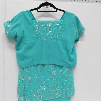 INDIAN SARI SAREE AQUA WITH SEQUINS BONUS TOP