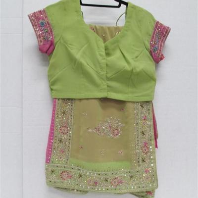 INDIAN SARI SAREE LIME GREEN & PINK WITH RHINESTONES & SEQUINS BONUS TOP note has a spot