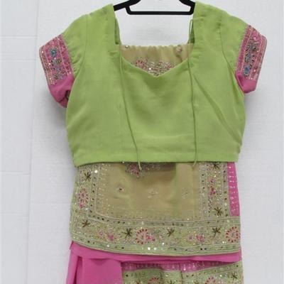 INDIAN SARI SAREE LIME GREEN & PINK WITH RHINESTONES & SEQUINS BONUS TOP note has a spot
