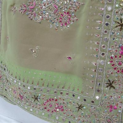 INDIAN SARI SAREE LIME GREEN & PINK WITH RHINESTONES & SEQUINS BONUS TOP note has a spot
