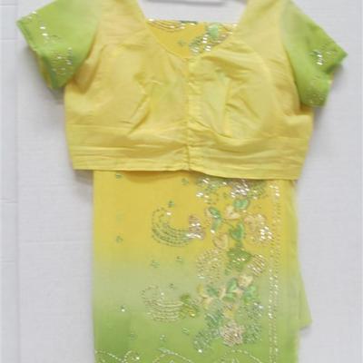 INDIAN SARI SAREE YELLOW & GREEN WITH SEQUINS BONUS TOP