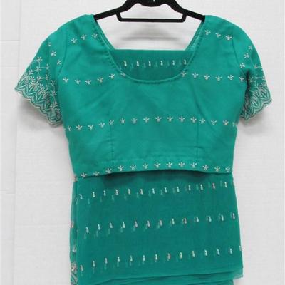 NDIAN SARI SAREE TEAL WITH EMROIDERED FLORAL TRIM BONUS TOP