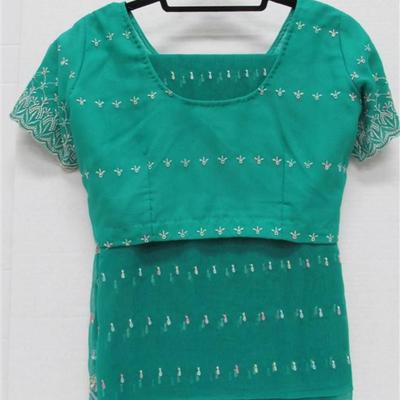 NDIAN SARI SAREE TEAL WITH EMROIDERED FLORAL TRIM BONUS TOP