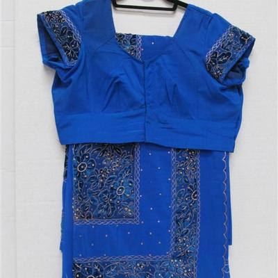 INDIAN SARI SAREE ROYAL BLUE WITH EMBROIDED AND BEADED FLORAL PATTERN BONUS TOP