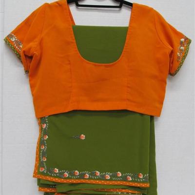 INDIAN SARI SAREE ORANGE & AVOCADO GREEN WITH EMBROIDED FLORAL TRIM BONUS TOP