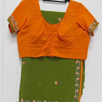 INDIAN SARI SAREE ORANGE & AVOCADO GREEN WITH EMBROIDED FLORAL TRIM BONUS TOP