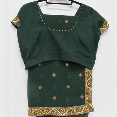 INDIAN SARI SAREE EMERALD GREEN WITH GOLD SEQUINED TRIM BONUS TOP