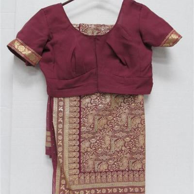 INDIAN SARI SAREE BURGUNDY & GOLD BONUS TOP