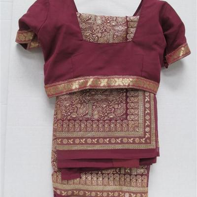 INDIAN SARI SAREE BURGUNDY & GOLD BONUS TOP