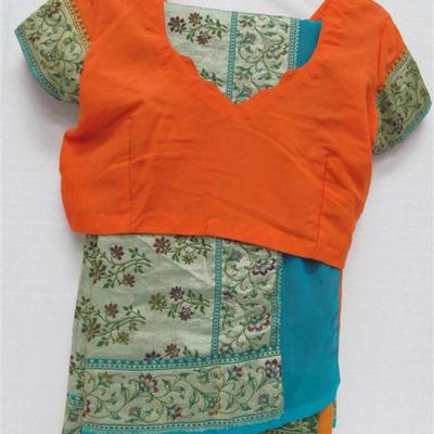 INDIAN SARI SAREE AQUA ORANGE WITH FLOWERS BONUS TOP