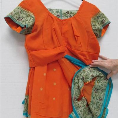 INDIAN SARI SAREE AQUA ORANGE WITH FLOWERS BONUS TOP