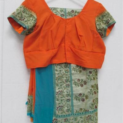 INDIAN SARI SAREE AQUA ORANGE WITH FLOWERS BONUS TOP